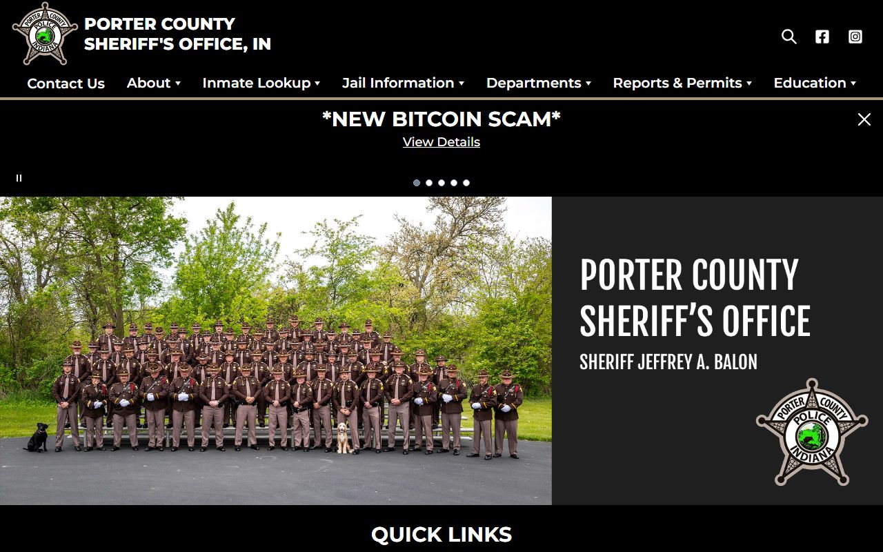 Porter County Sheriff's Office homepage showing the Who's In Jail portal and contact details for Porter County 24 hour booking
