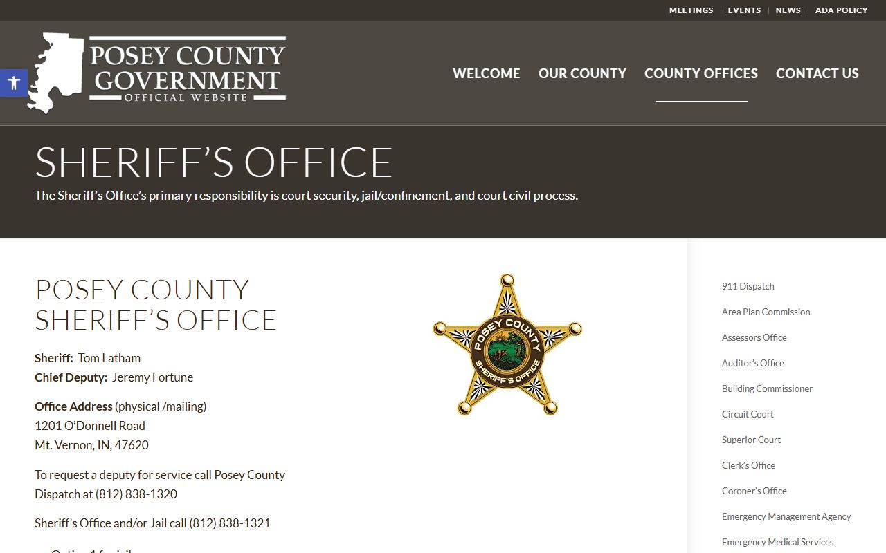Posey County Sheriff's Office homepage showing contact information and resources for Posey County 24 hour booking records