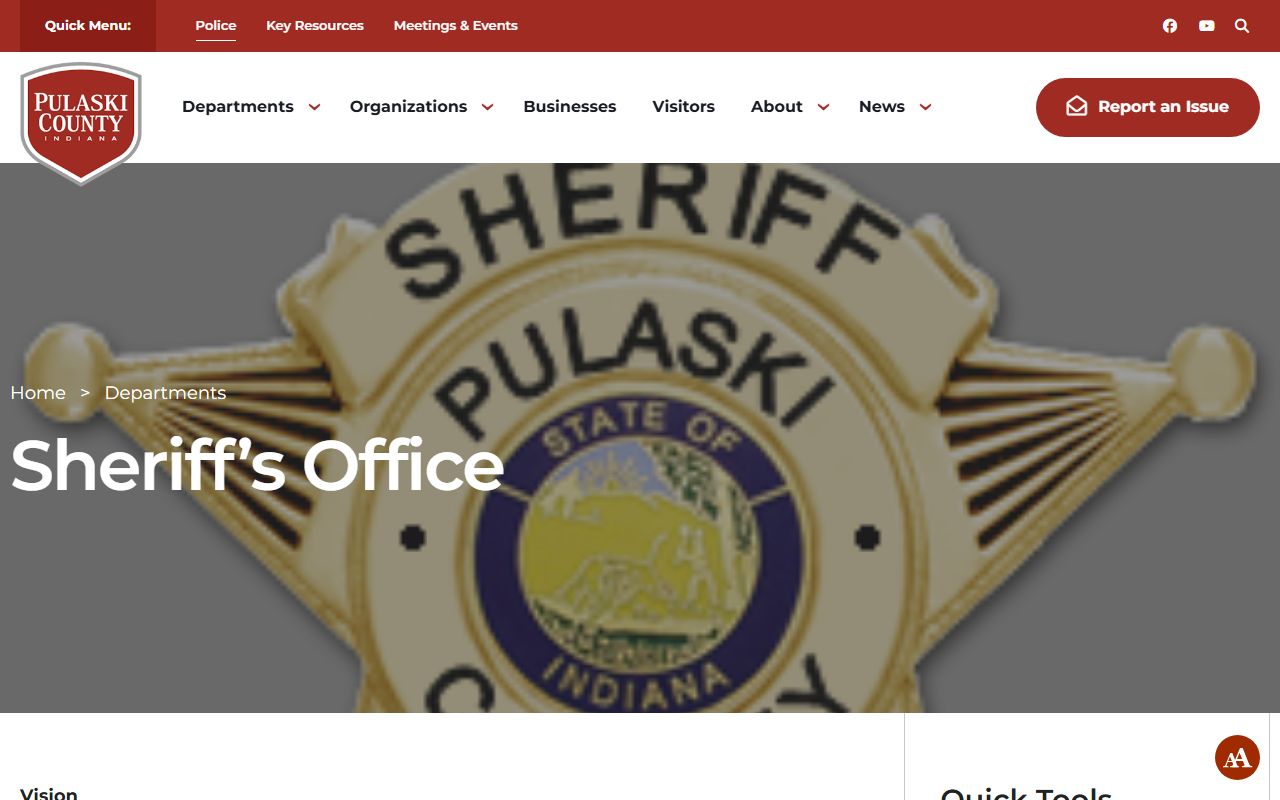Pulaski County Sheriff's Office homepage with contact details and resources for Pulaski County 24 hour booking records