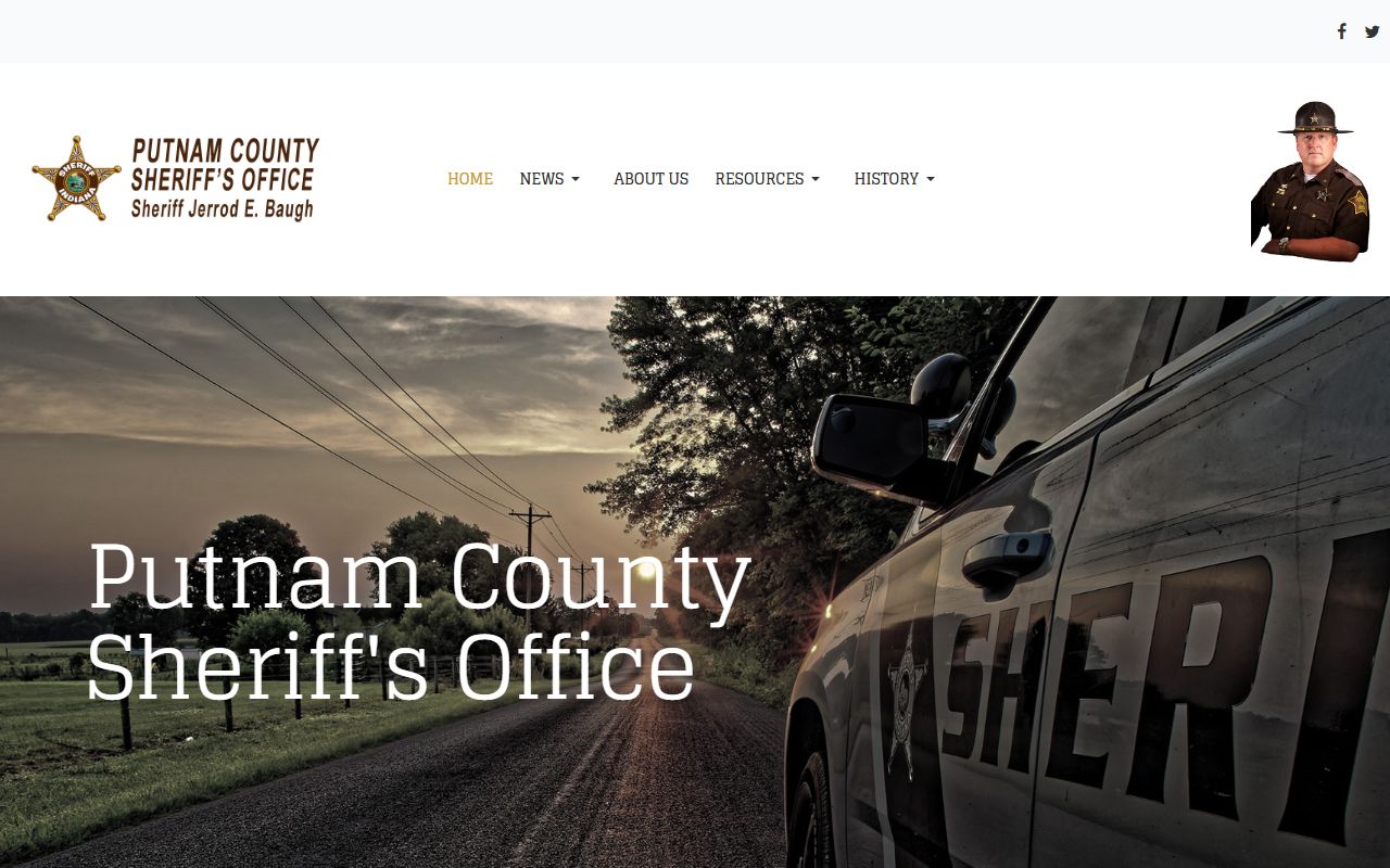 Putnam County Sheriff's Office homepage showing contact information and JailTracker links for Putnam County 24 hour booking records