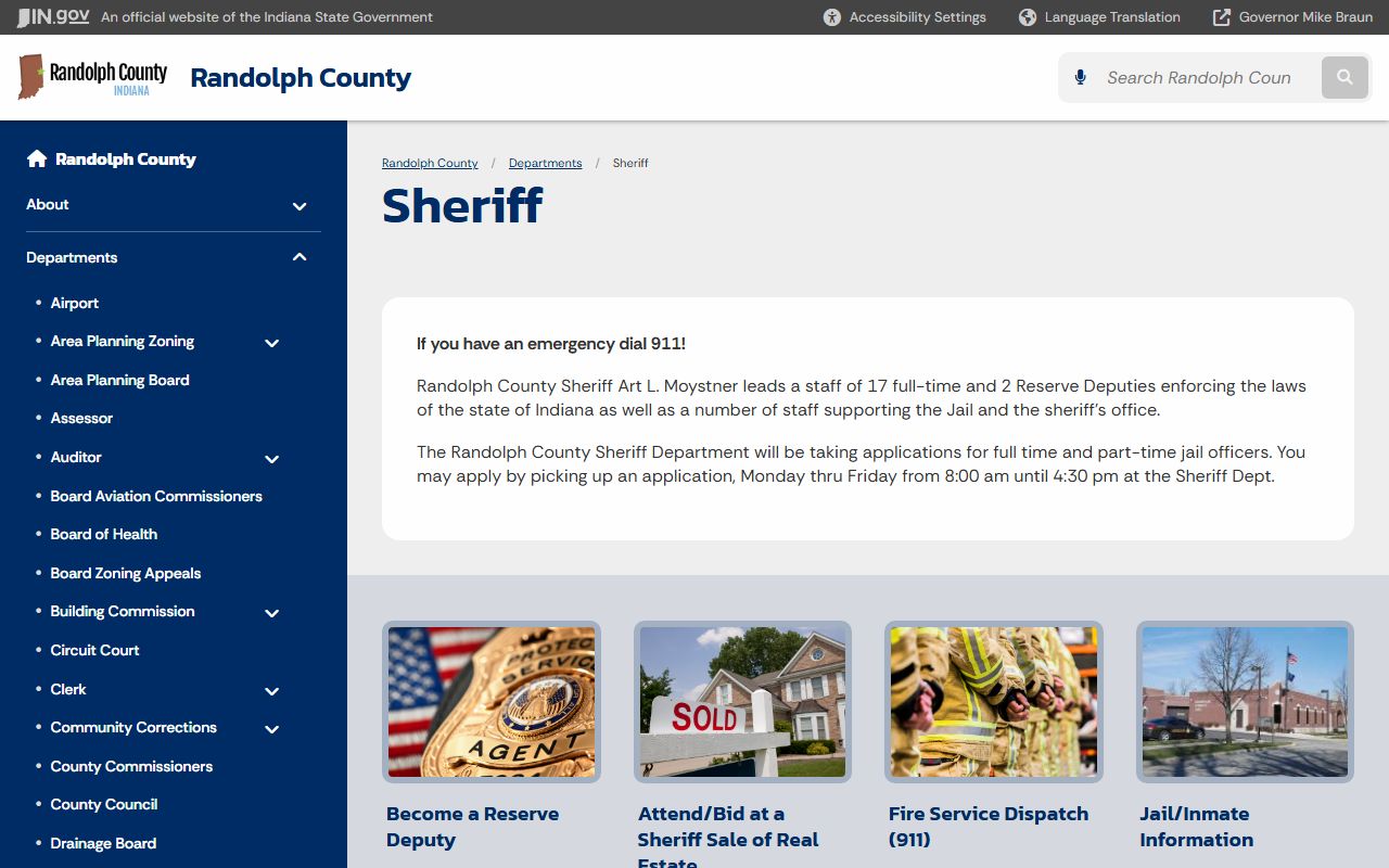 Randolph County Sheriff Office homepage showing 24 hour booking and arrest information for Randolph County Indiana