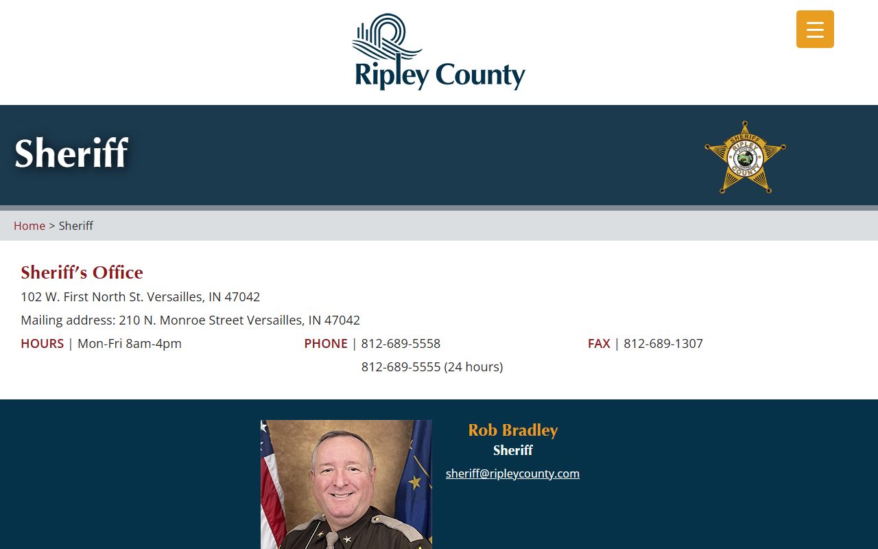 Ripley County Sheriff Office homepage for Ripley County 24 hour booking records and inmate search