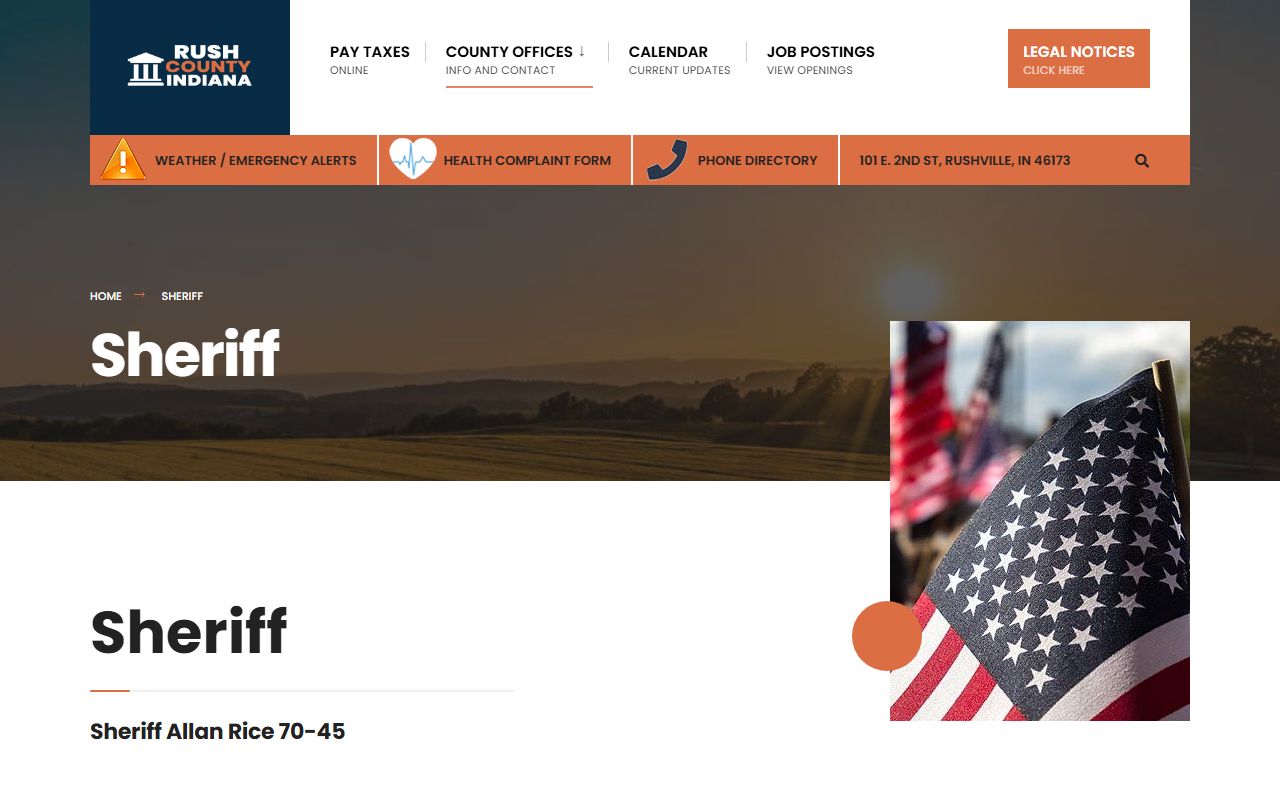 Rush County Sheriff Office homepage showing department contact details for Rush County 24 hour booking