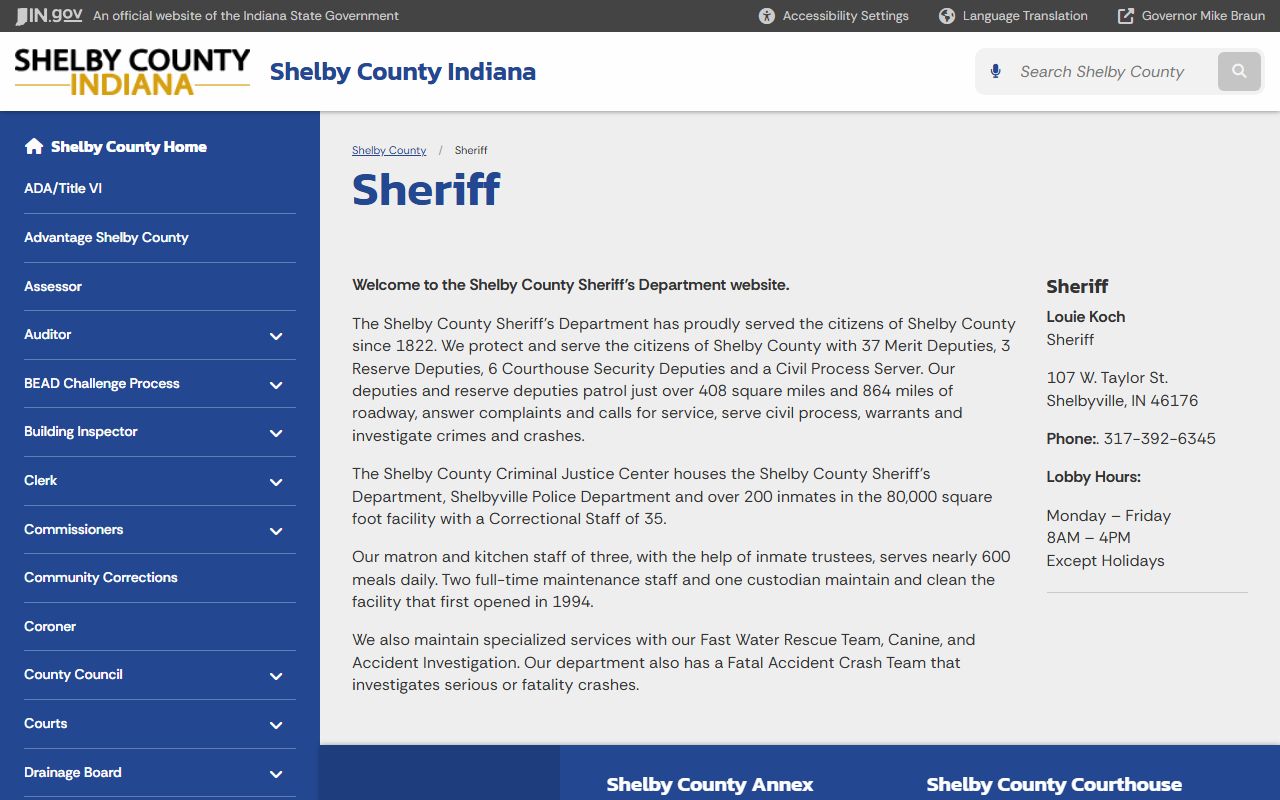 Shelby County Sheriff Office homepage showing contact details for Shelby County 24 hour booking