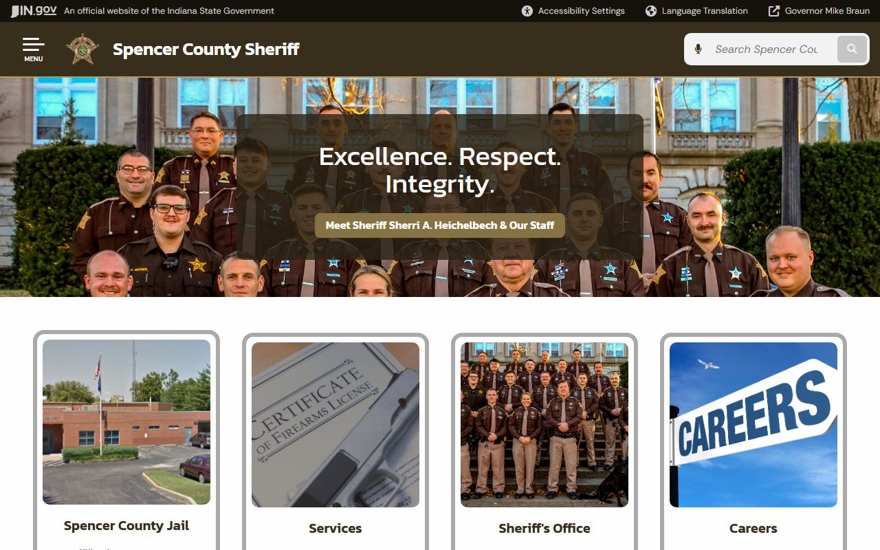 Spencer County Sheriff Office homepage showing contact information for Spencer County 24 hour booking
