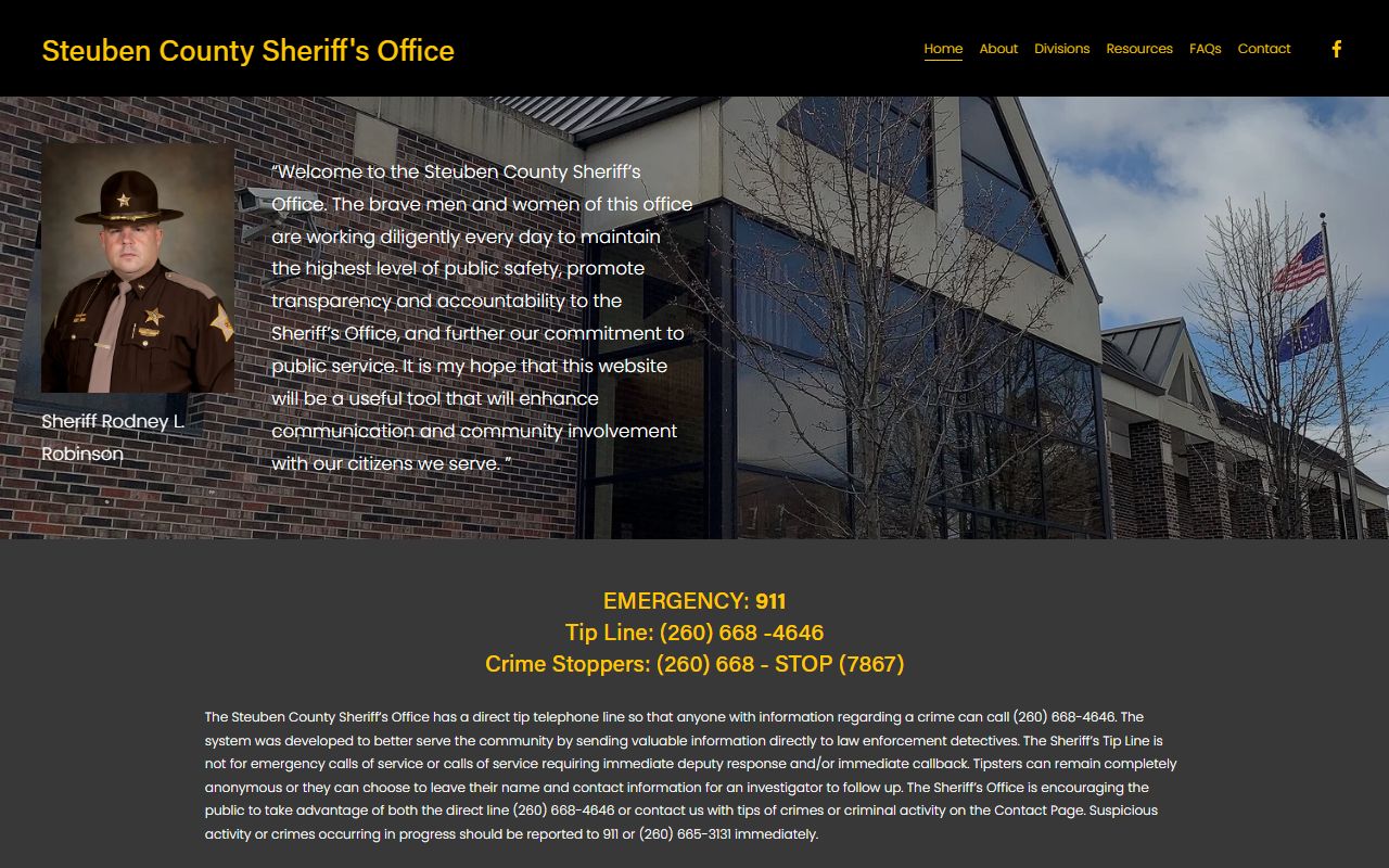Steuben County Sheriff Office homepage showing contact details for Steuben County 24 hour booking in Angola Indiana