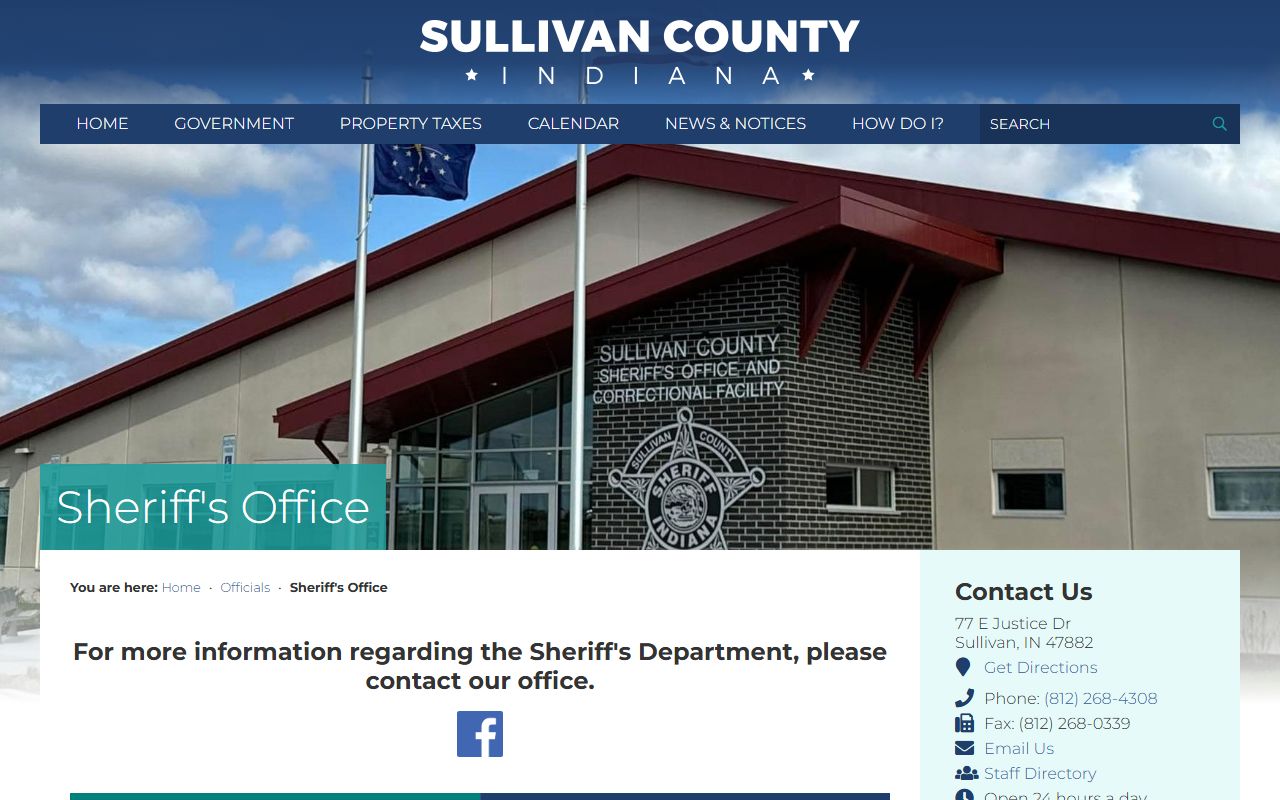 Sullivan County Sheriff Office homepage showing contact information for Sullivan County 24 hour booking records
