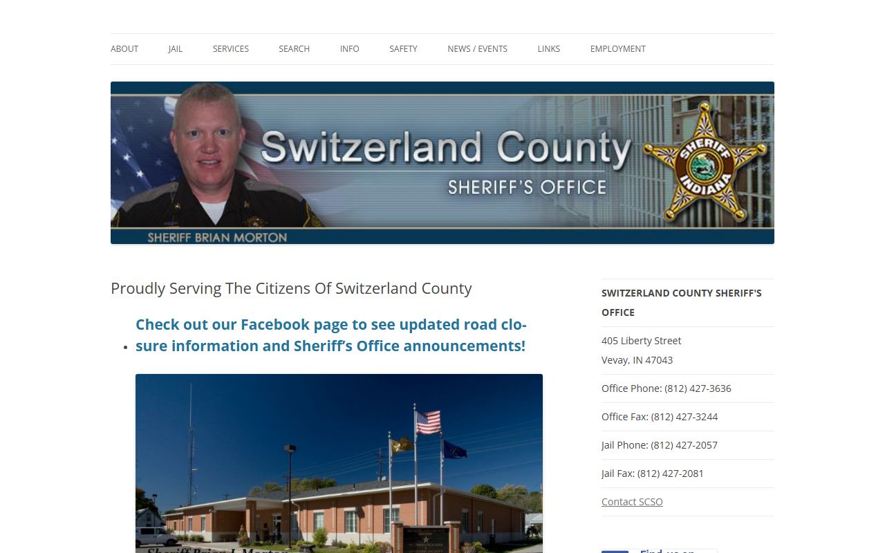 Switzerland County Sheriff Office homepage for Switzerland County 24 hour booking records in Vevay Indiana