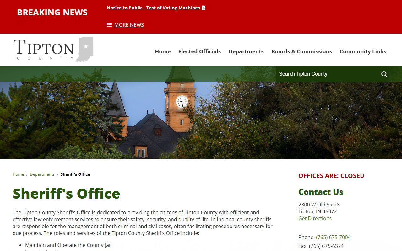 Tipton County Sheriff Office homepage showing contact details and booking system for Tipton County 24 hour booking