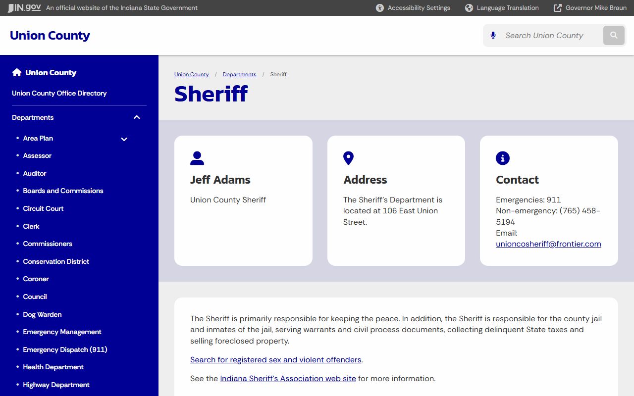 Union County Sheriff Office homepage showing department contact information for Union County 24 hour booking