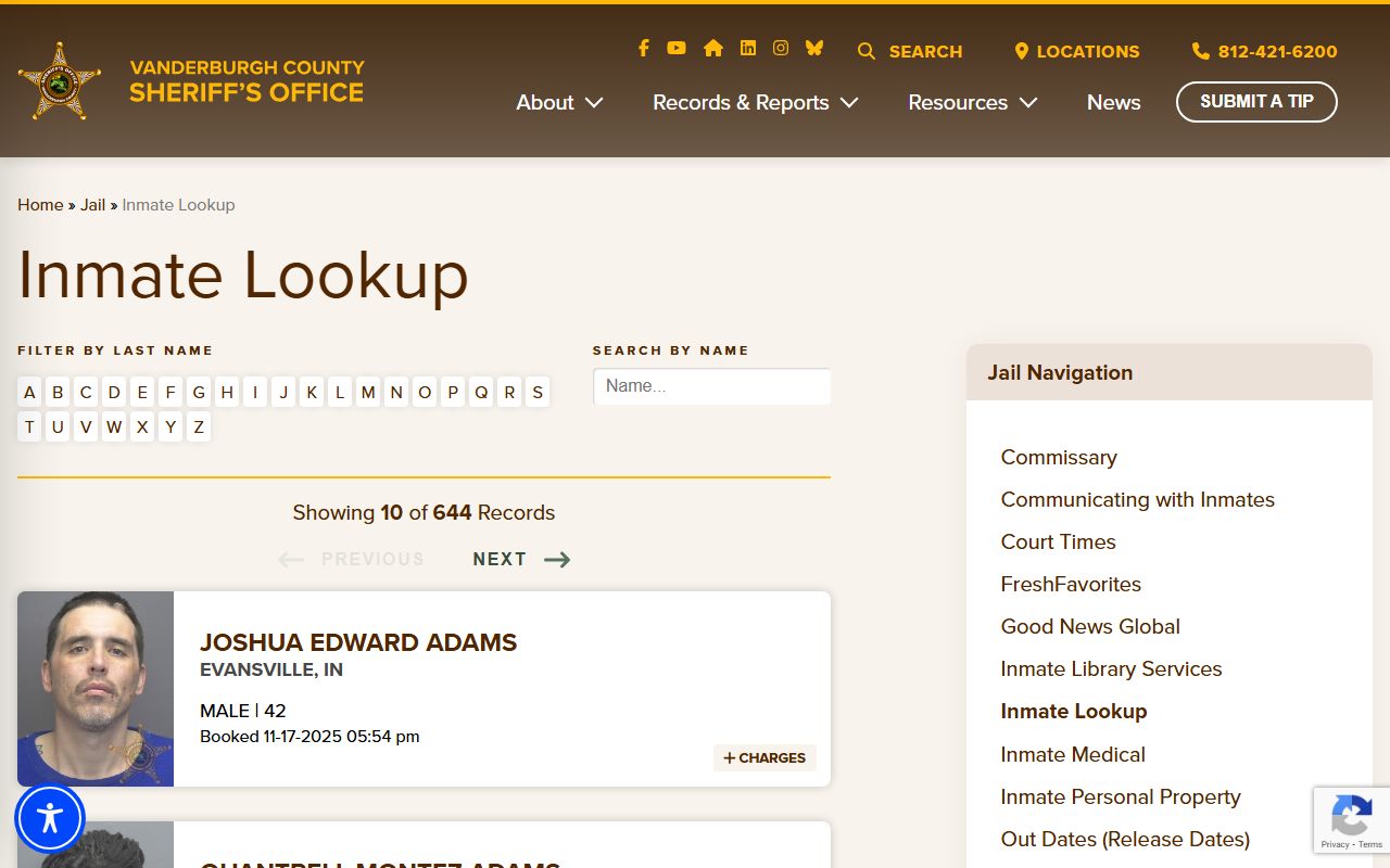Vanderburgh County Sheriff inmate search database showing booking records for Vanderburgh County 24 hour booking