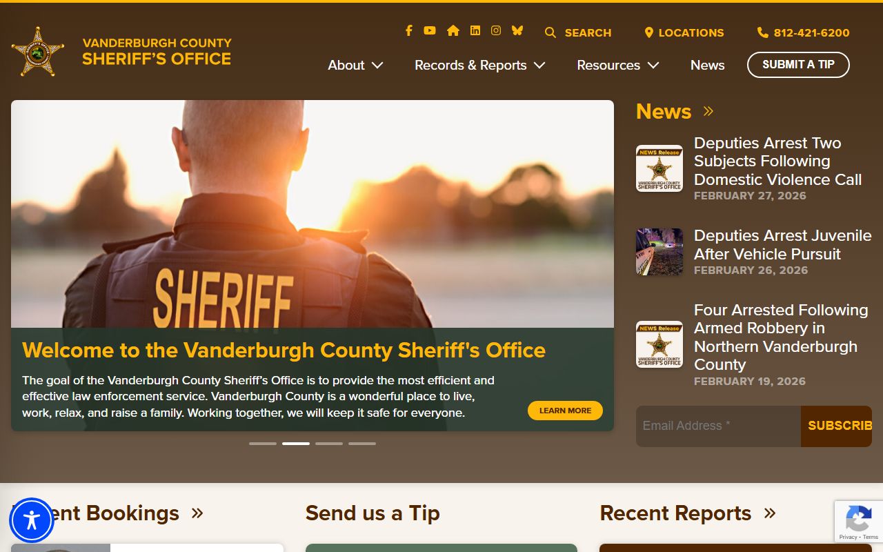 Vanderburgh County Sheriff Office homepage showing booking and inmate search resources for Vanderburgh County 24 hour booking
