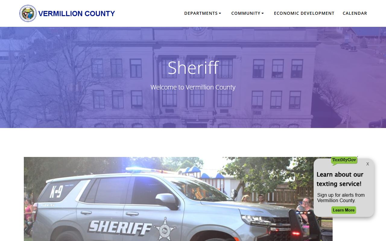 Vermillion County Sheriff Office homepage showing contact and records information for Vermillion County 24 hour booking
