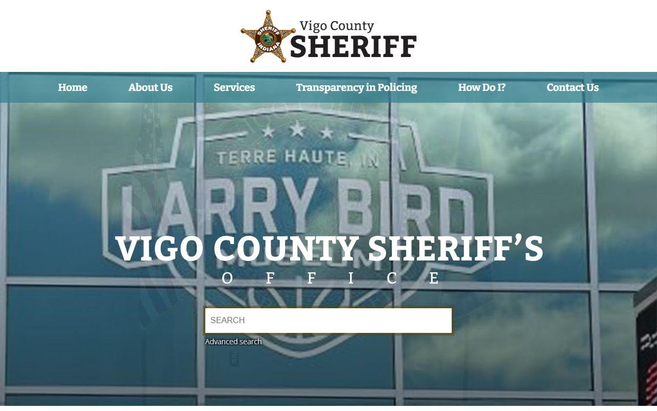 Vigo County Sheriff Office homepage showing inmate search and contact resources for Vigo County 24 hour booking