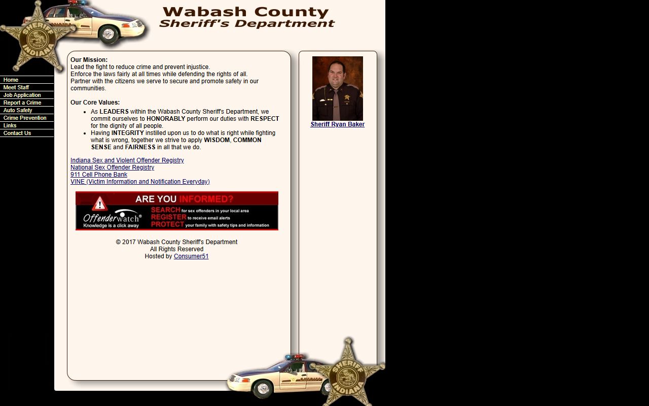 Wabash County Sheriff Department homepage showing contact and service information for Wabash County 24 hour booking