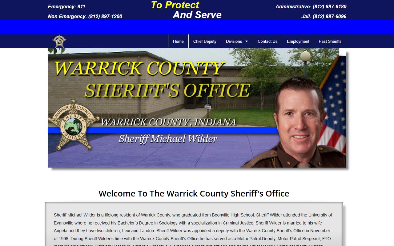 Warrick County Sheriff Office homepage showing booking resources and contact information for Warrick County 24 hour booking