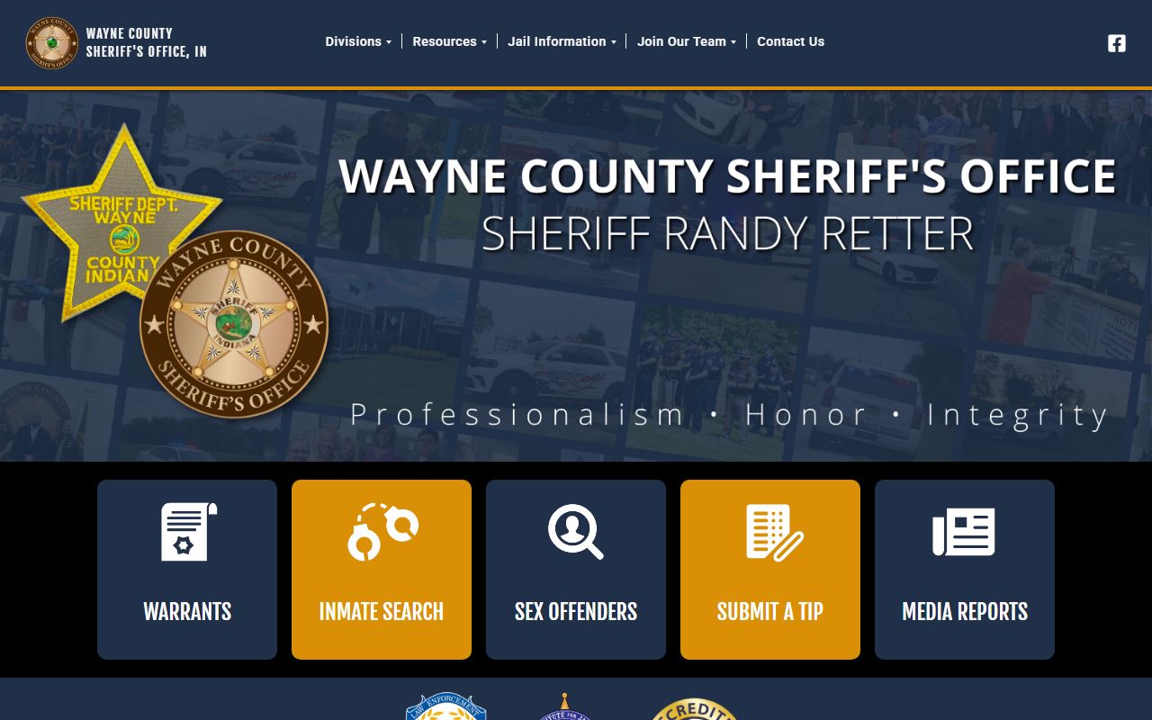 Wayne County Sheriff Office homepage showing contact and inmate search links for Wayne County 24 hour booking