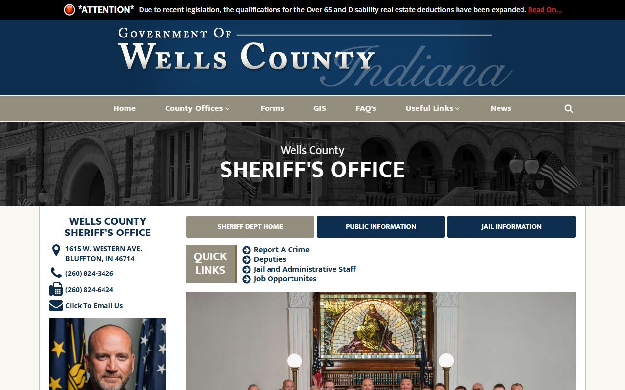 Wells County Sheriff Office homepage showing contact and booking resources for Wells County 24 hour booking