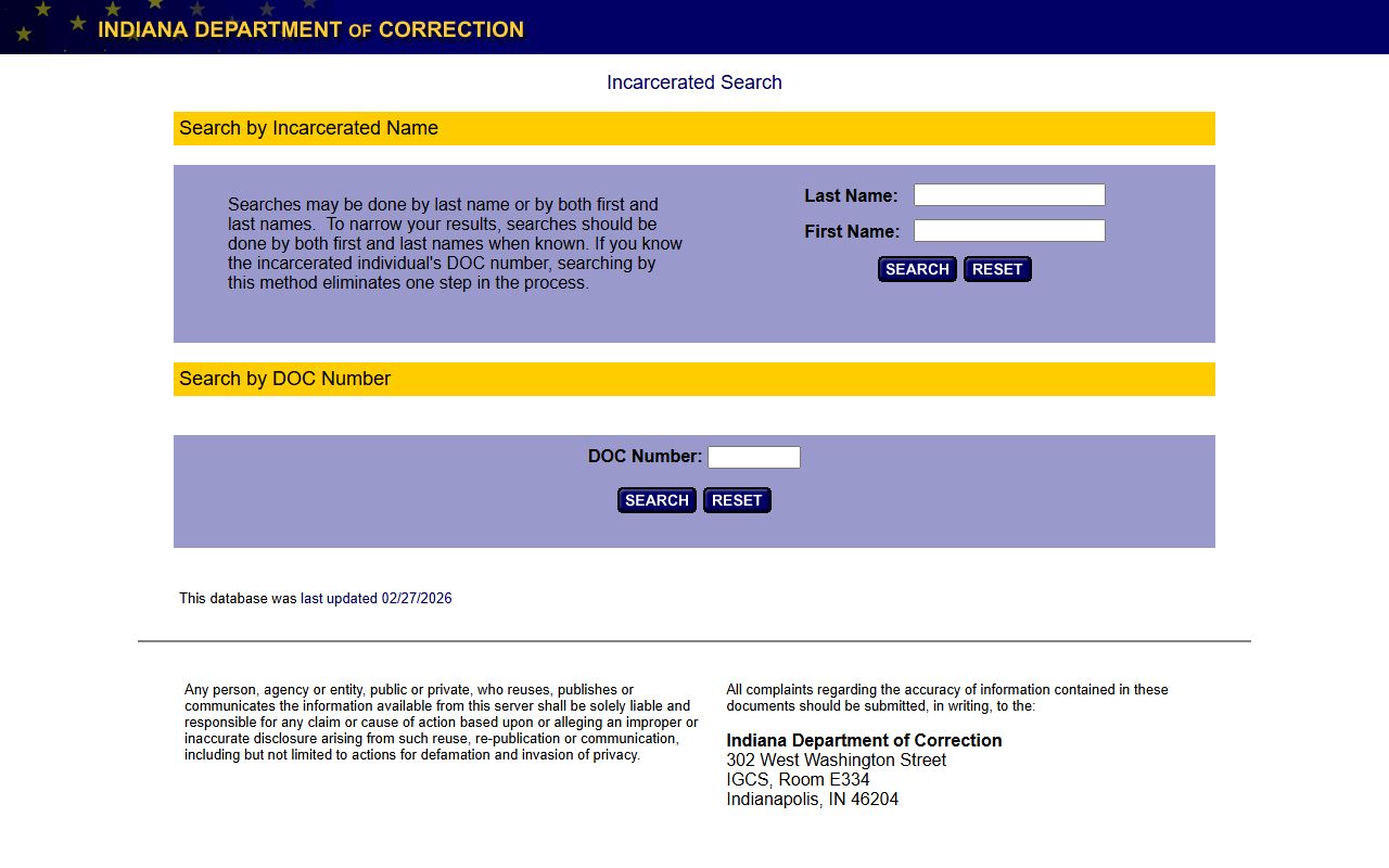 Indiana IDOC Offender Locator database for state prison inmates separate from county jail 24 hour booking records