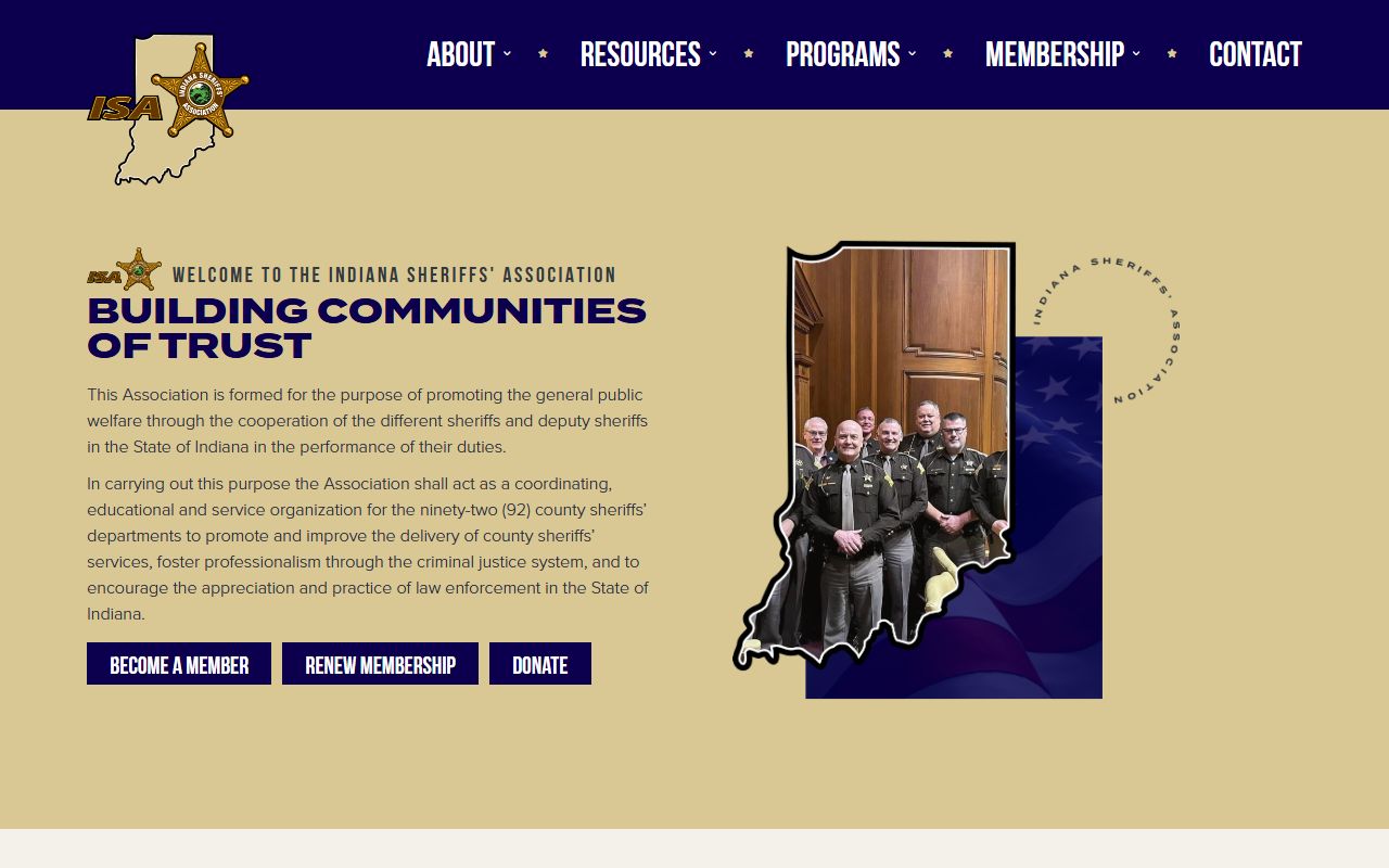 Indiana Sheriffs' Association website listing all 92 county sheriff contacts for 24 hour booking records